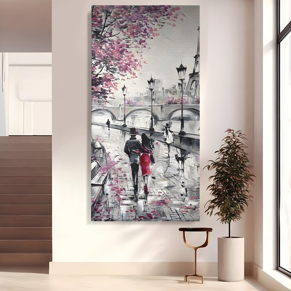 Tablou canvas cu pictura cu cuplu in paris, fara rama, pe sasiu de lemn